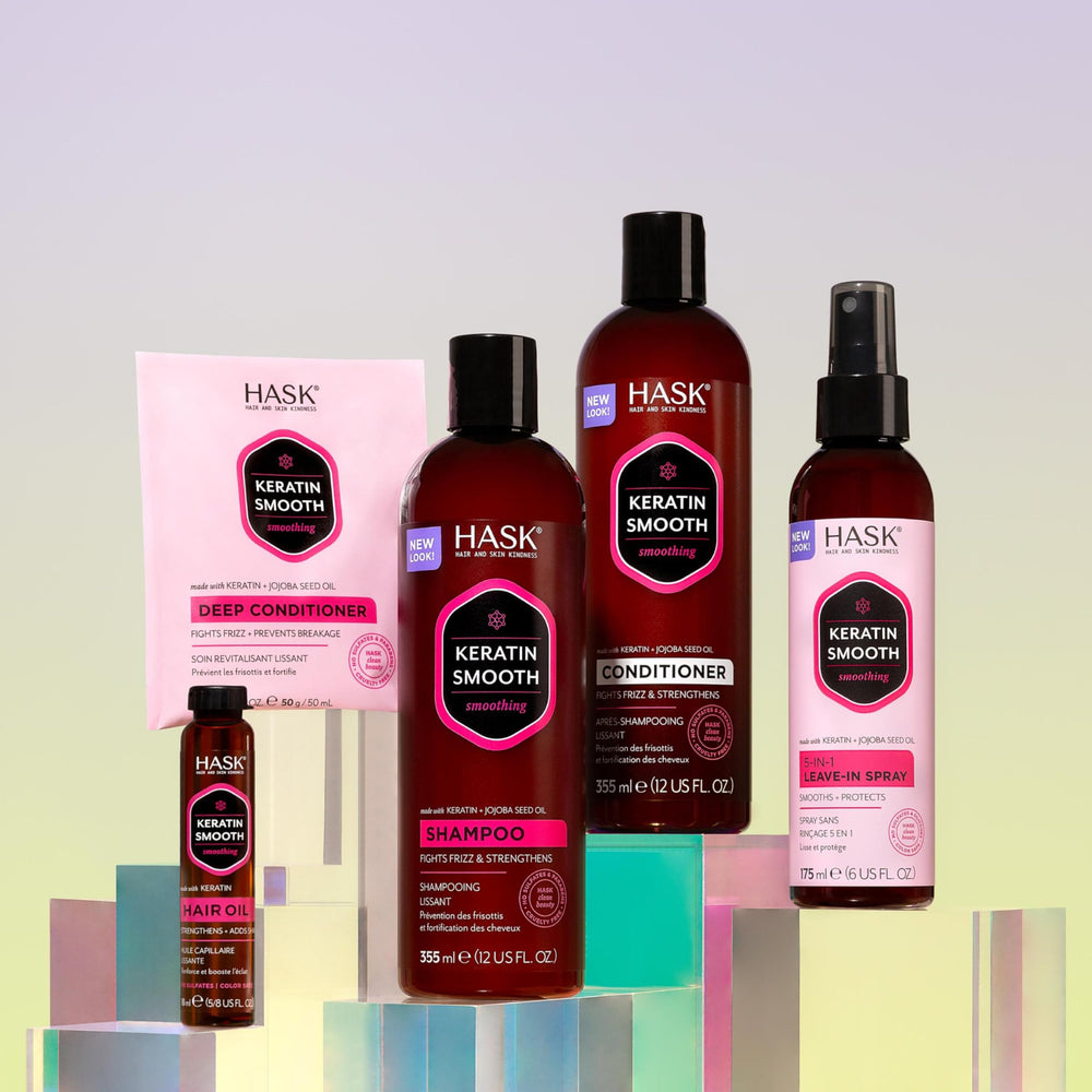 HASK products next to ruler showing two 6oz sprays and 1.75oz packette size