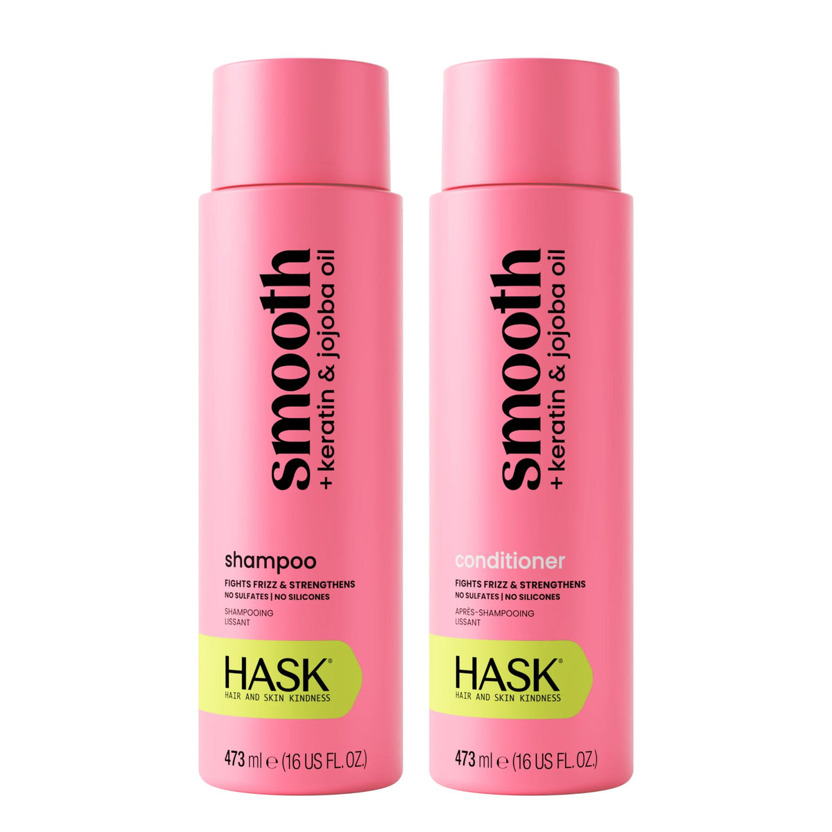 HASK front packaging showing shampoo and conditioner for smoothing and shine