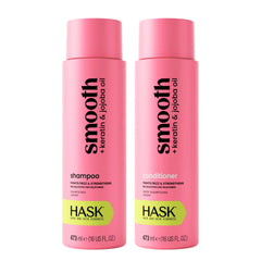HASK front packaging showing shampoo and conditioner for smoothing and shine