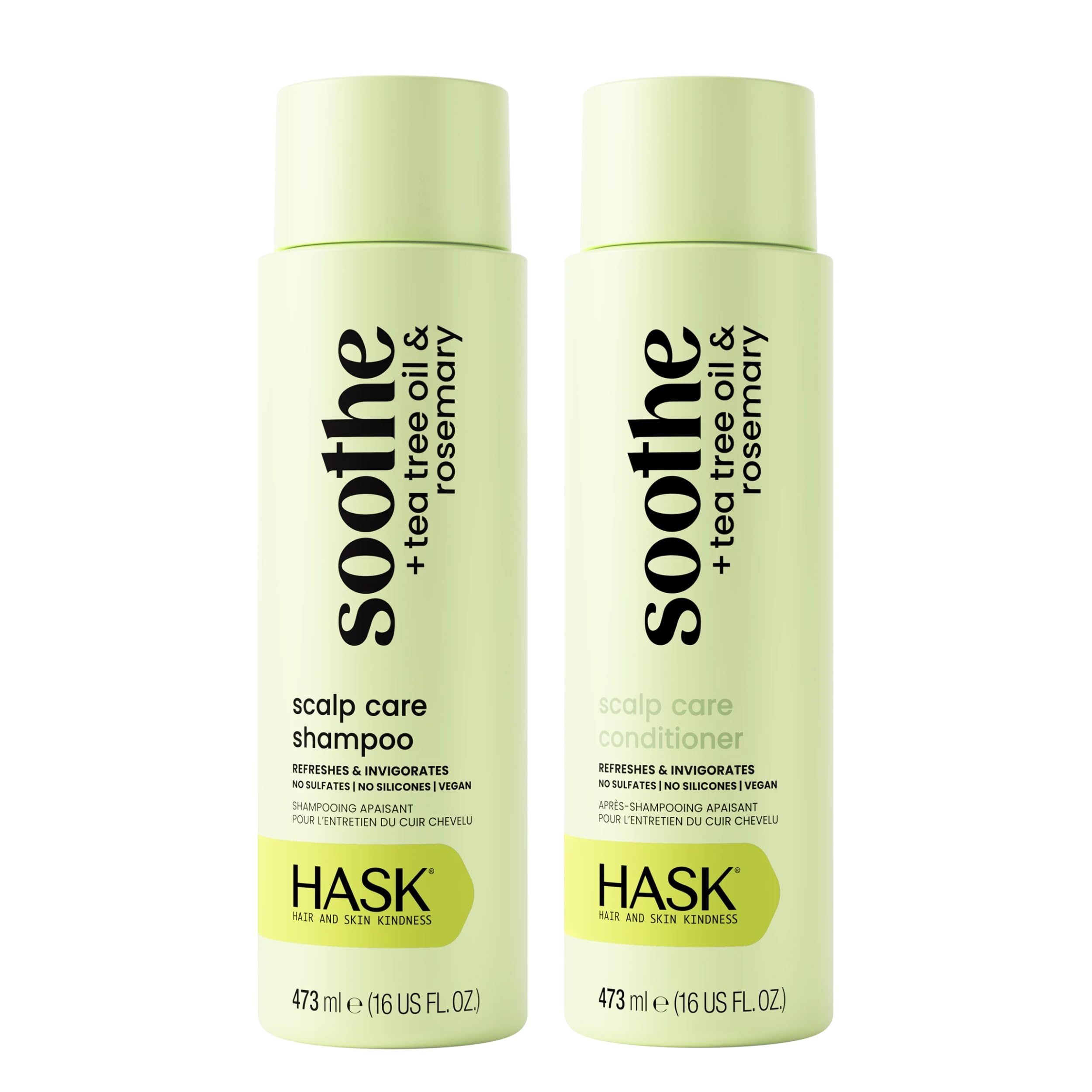 HASK shampoo and conditioner front packaging showing calming benefits