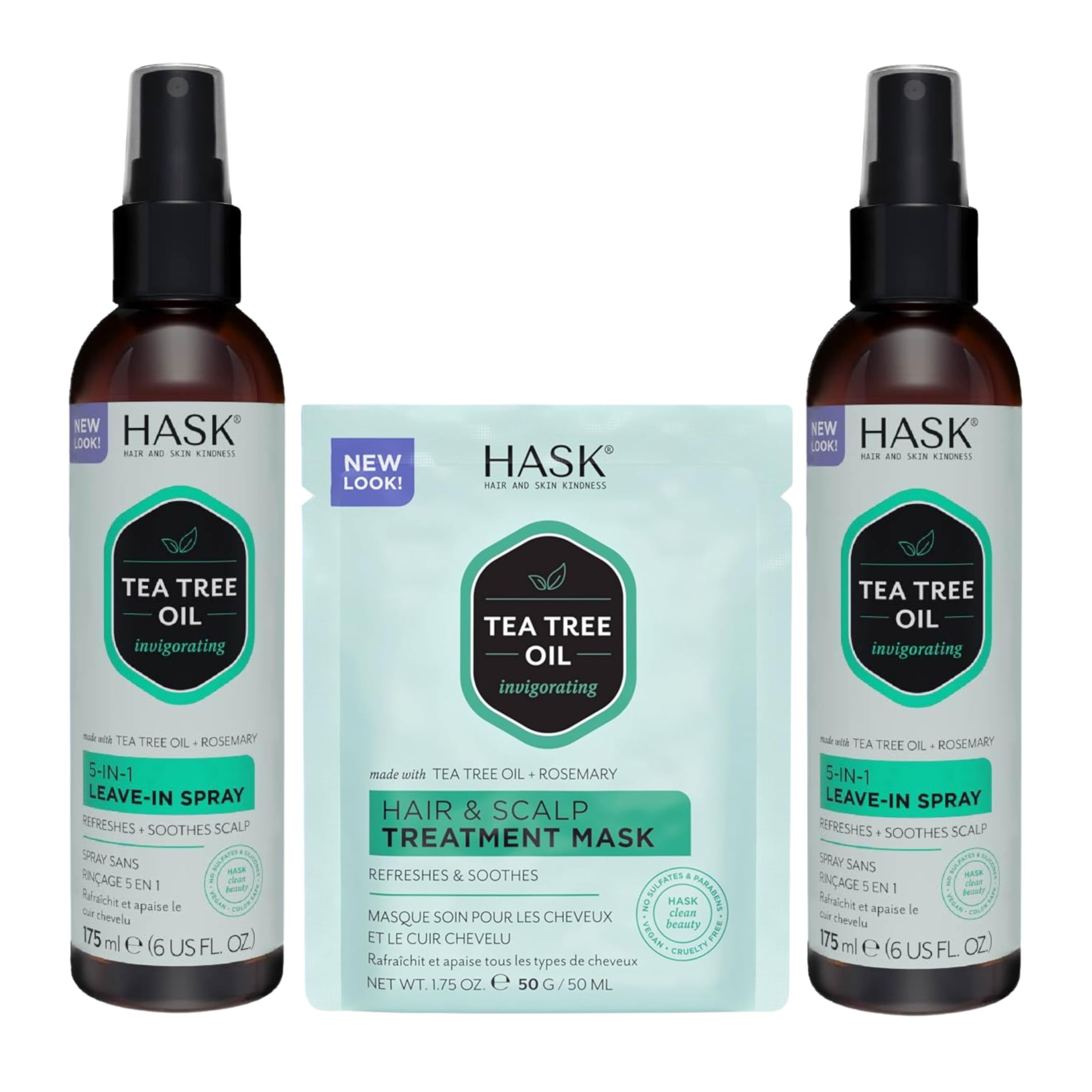 HASK front packaging showing two 6oz leave-in sprays and packette, travel convenience