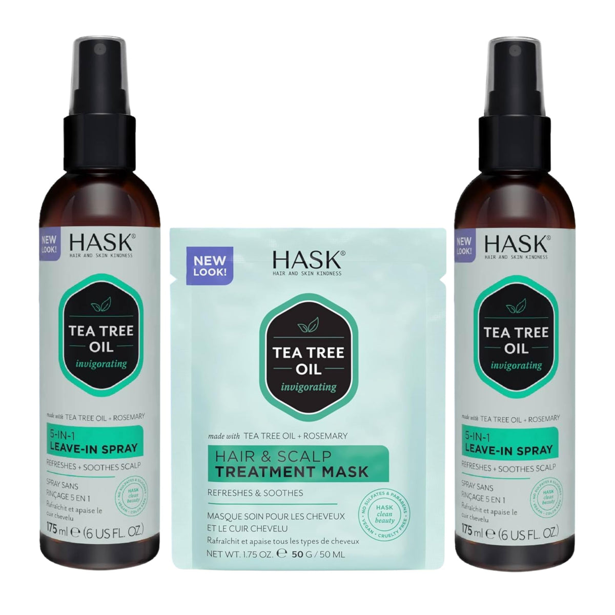 HASK front packaging showing two 6oz leave-in sprays and packette, travel convenience