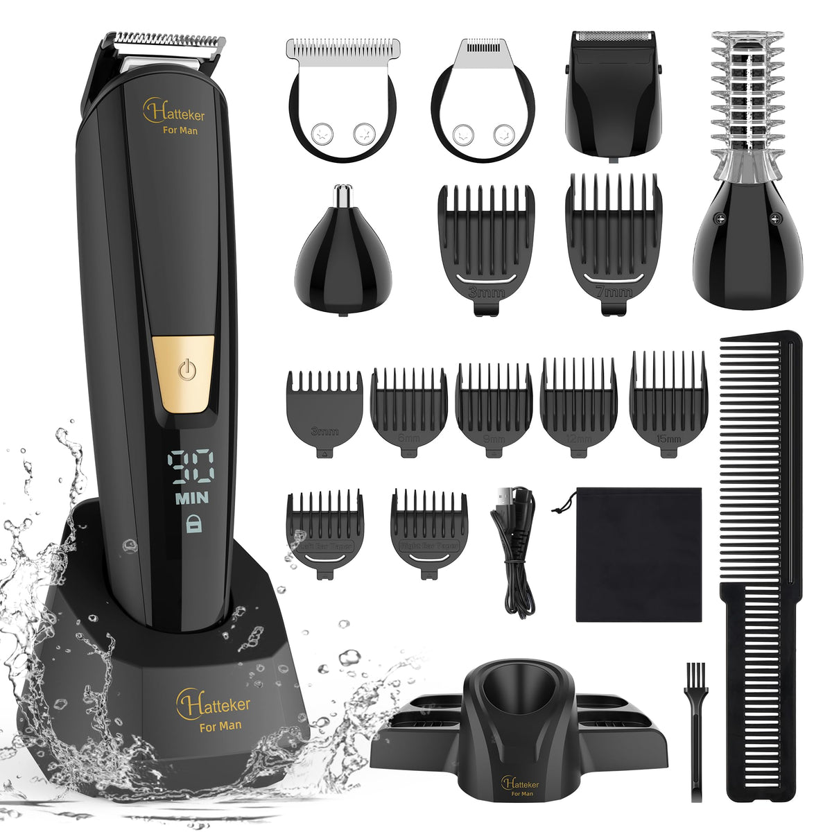Hatteker front view grooming kit showing all attachments and dock, organized for convenience