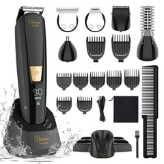 Hatteker front view grooming kit showing all attachments and dock, organized for convenience