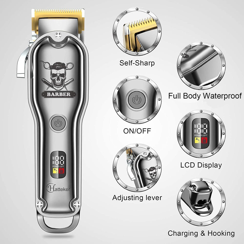 Hatteker cordless clipper in hand during haircut, offers comfortable professional handling