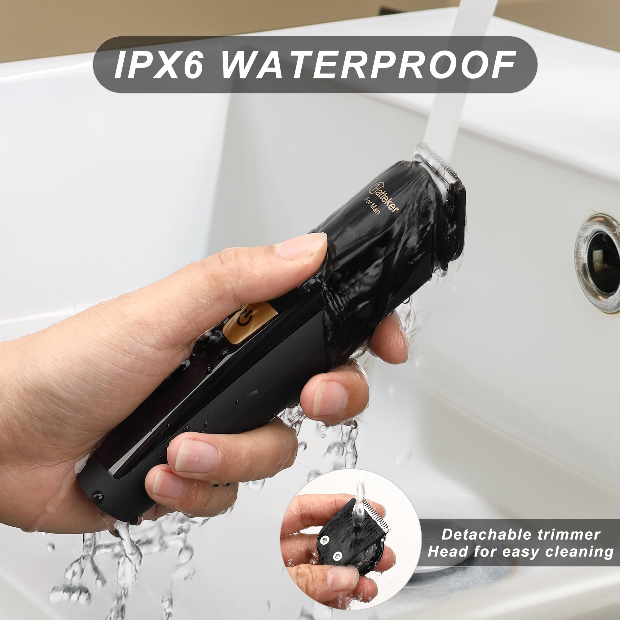Hatteker waterproof trimmer being rinsed under tap for quick, hygienic cleaning