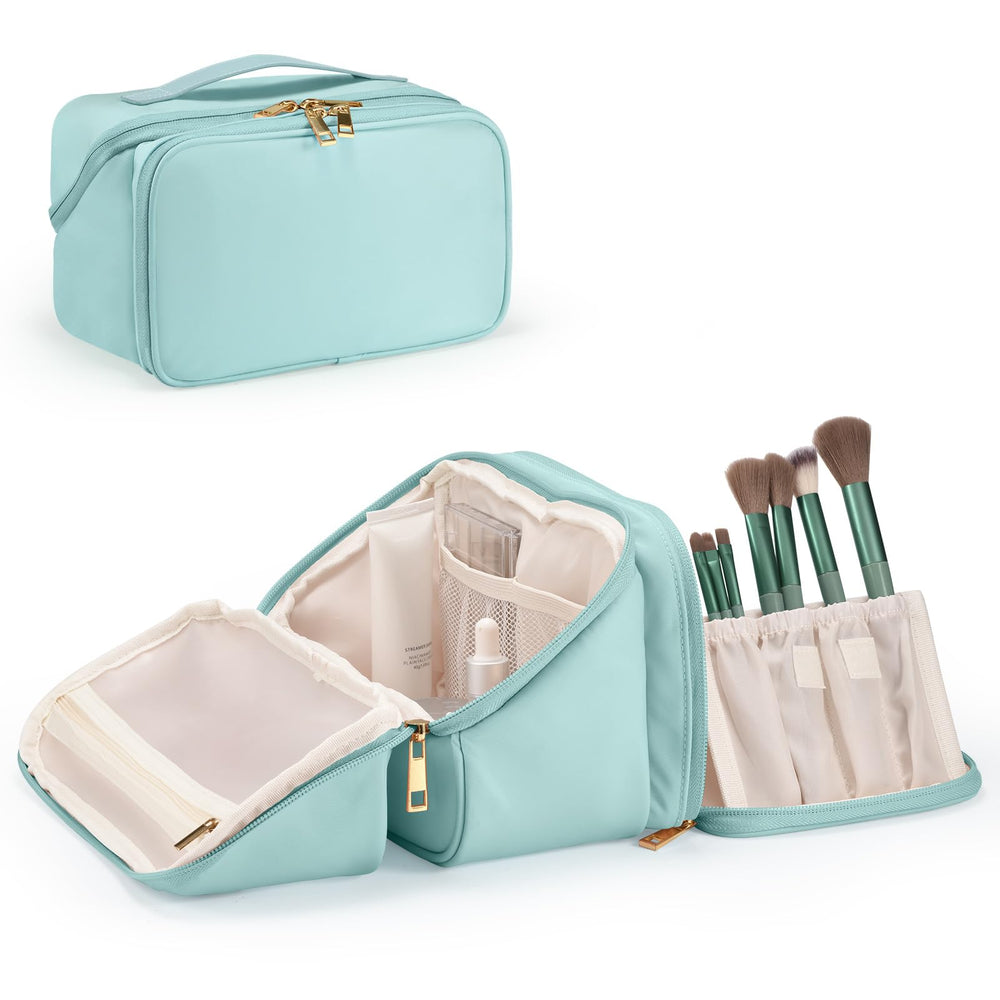 HauteHues front view of blue travel makeup bag showing zipper and handle, organized storage benefit