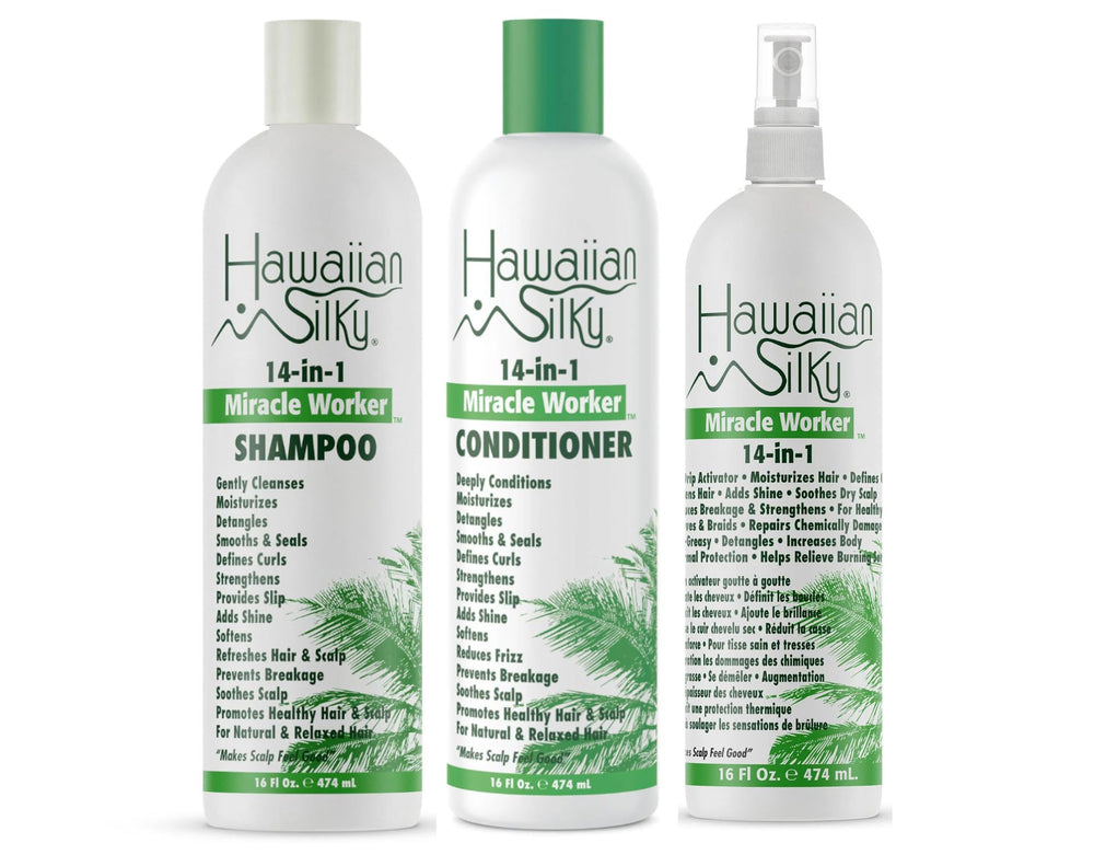 Hawaiian Silky front packaging showing full 3-piece set and easy routine benefits