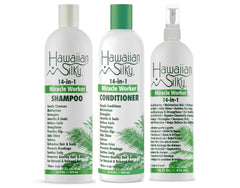 Hawaiian Silky front packaging showing full 3-piece set and easy routine benefits