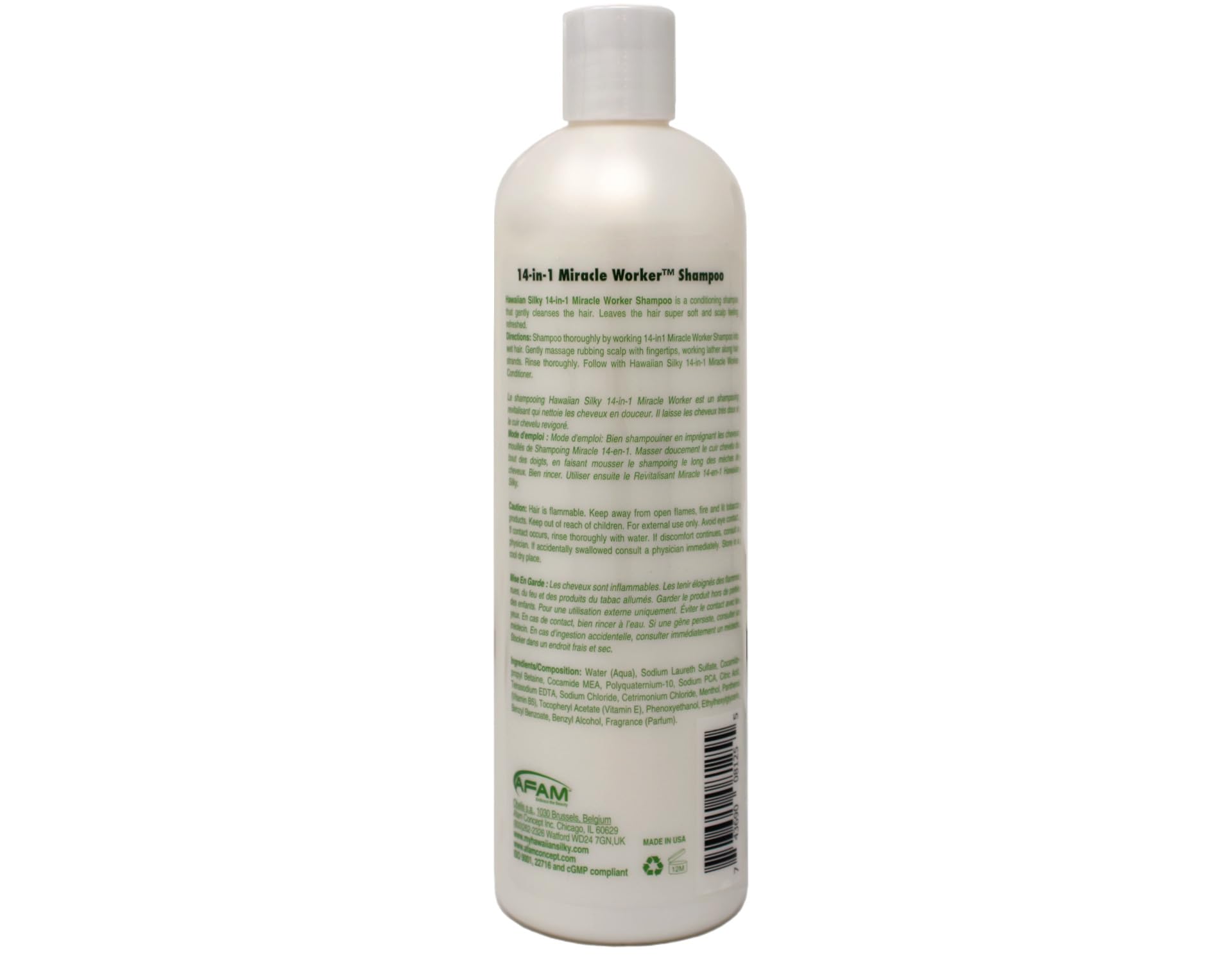 Hawaiian Silky bottles next to a hand to show true 16 fl oz scale