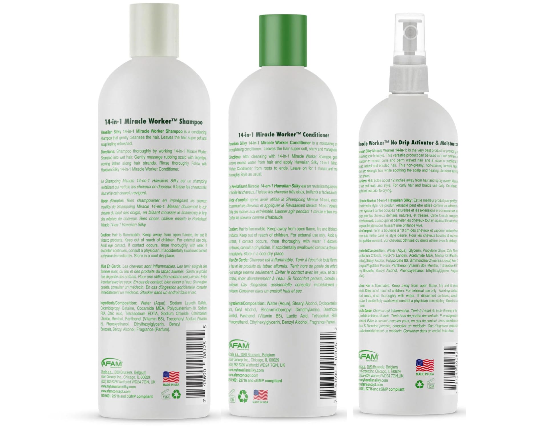 Hawaiian Silky three bottles lined up displaying coordinated shampoo, conditioner, activator benefits