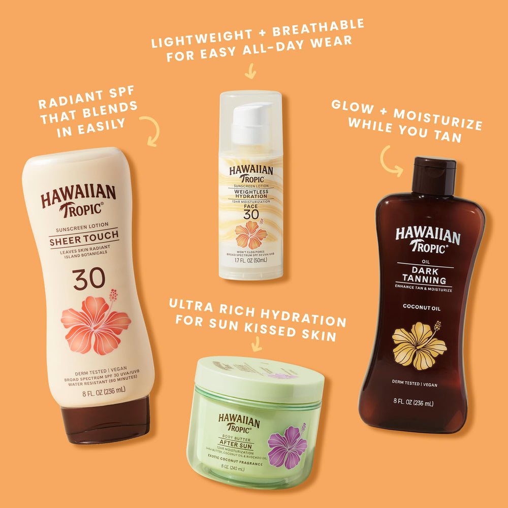 Fresh papaya and mango with Hawaiian Tropic bottle showing botanical scent benefit