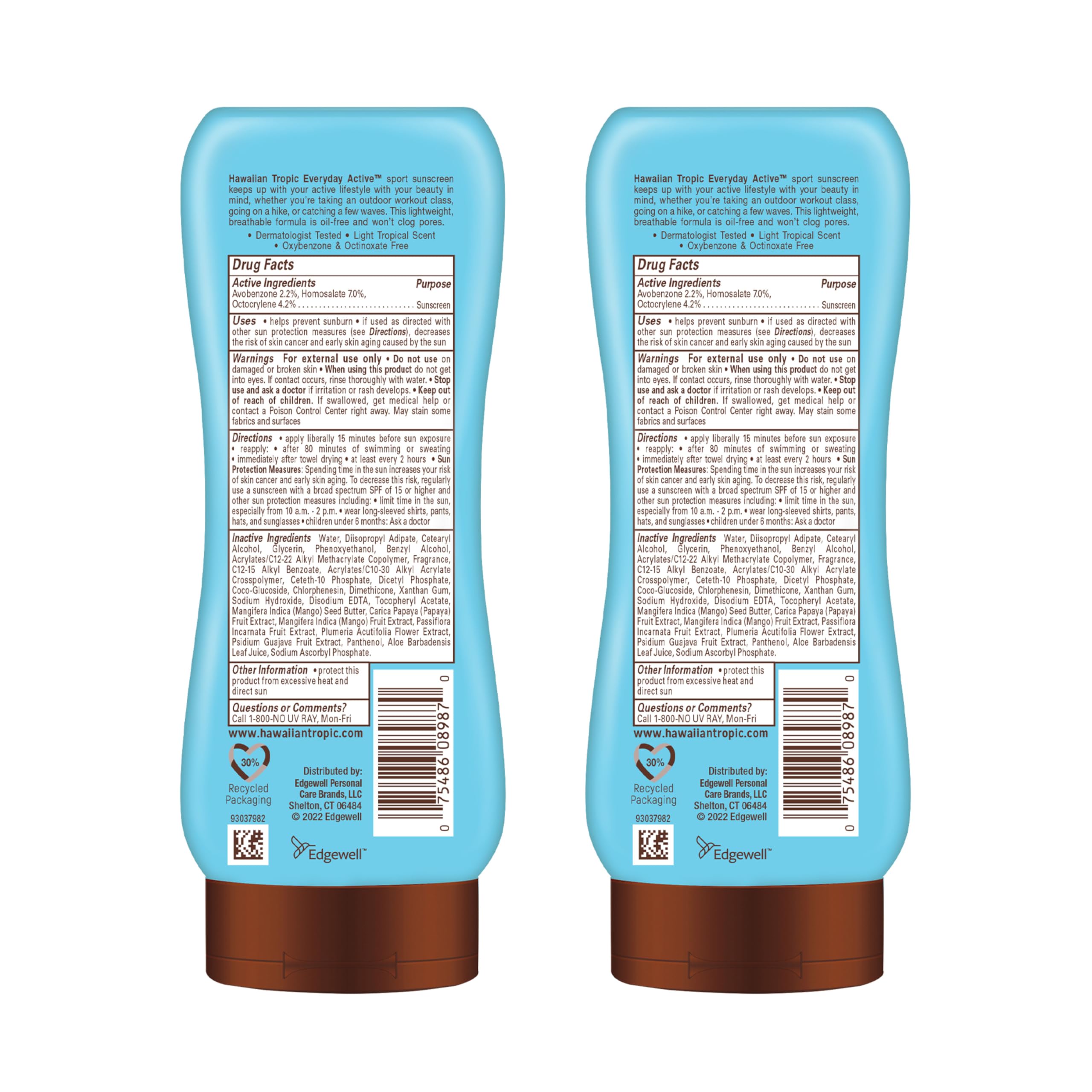 Hawaiian Tropic bottle close-up showing lightweight lotion texture and quick absorption