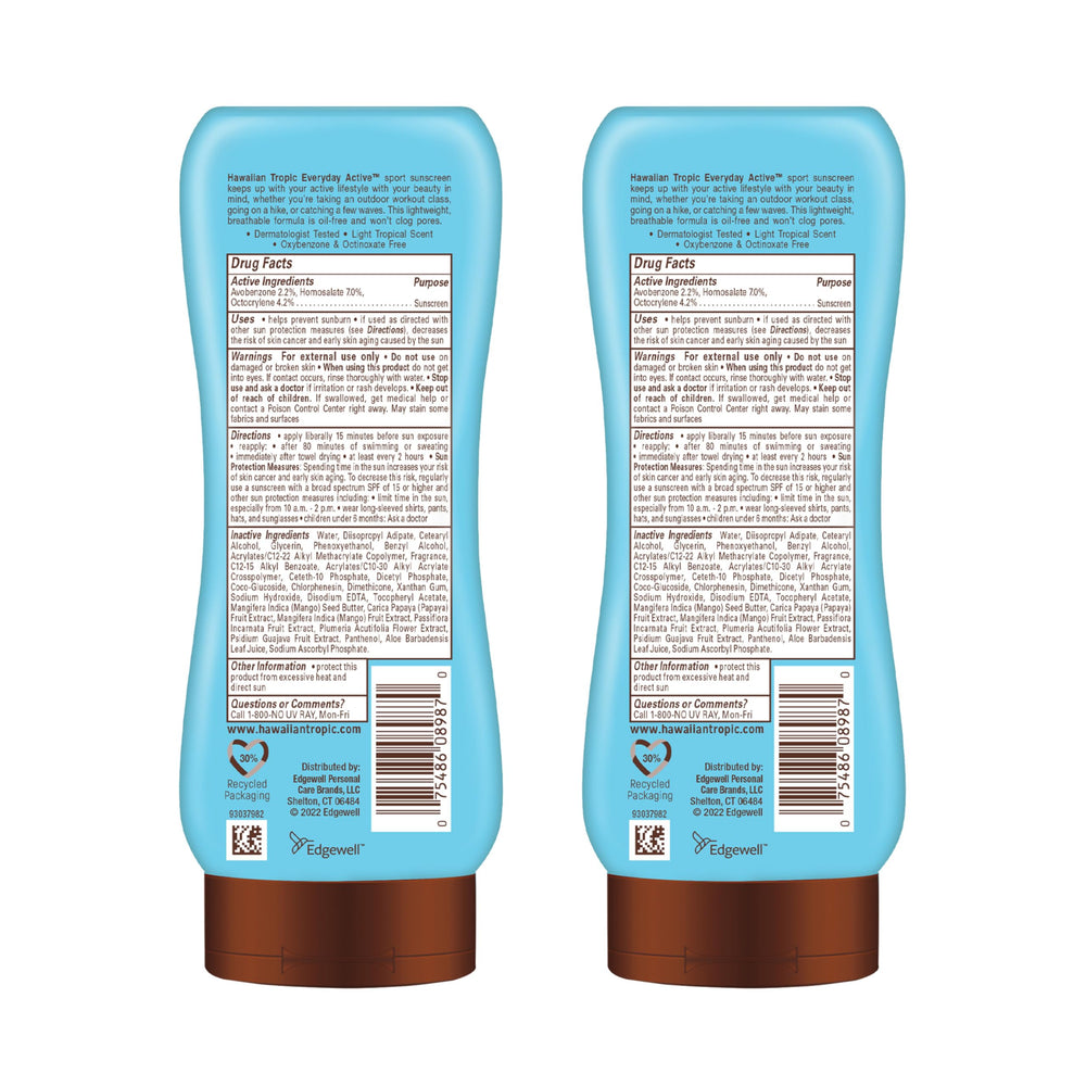 Hawaiian Tropic bottle close-up showing lightweight lotion texture and quick absorption