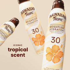 Hawaiian Tropic clear mist sprayed on arm showcasing quick, invisible protection