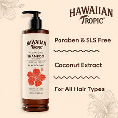 Hawaiian Tropic conditioner being applied in shower to smooth and detangle hair benefit