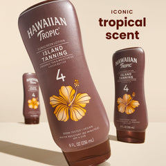 Hawaiian Tropic lotion being dispensed to show fast-absorbing texture and ease