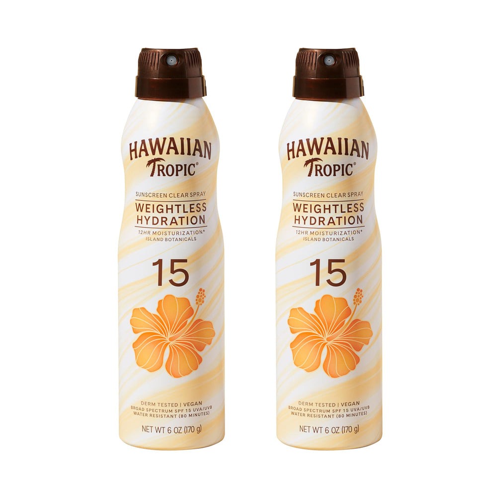 Hawaiian Tropic front label showing clear spray and SPF 15 for quick protection