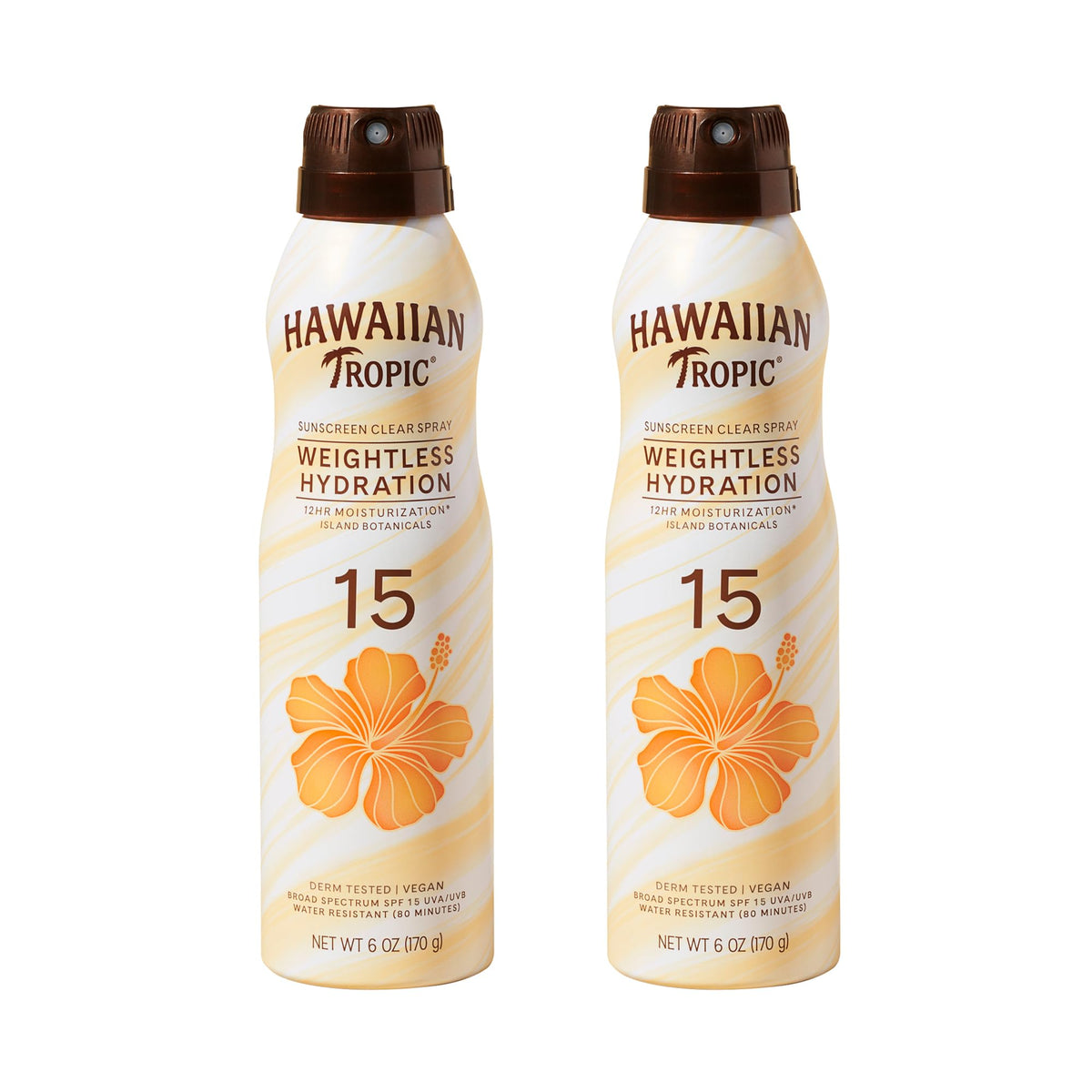 Hawaiian Tropic front label showing clear spray and SPF 15 for quick protection