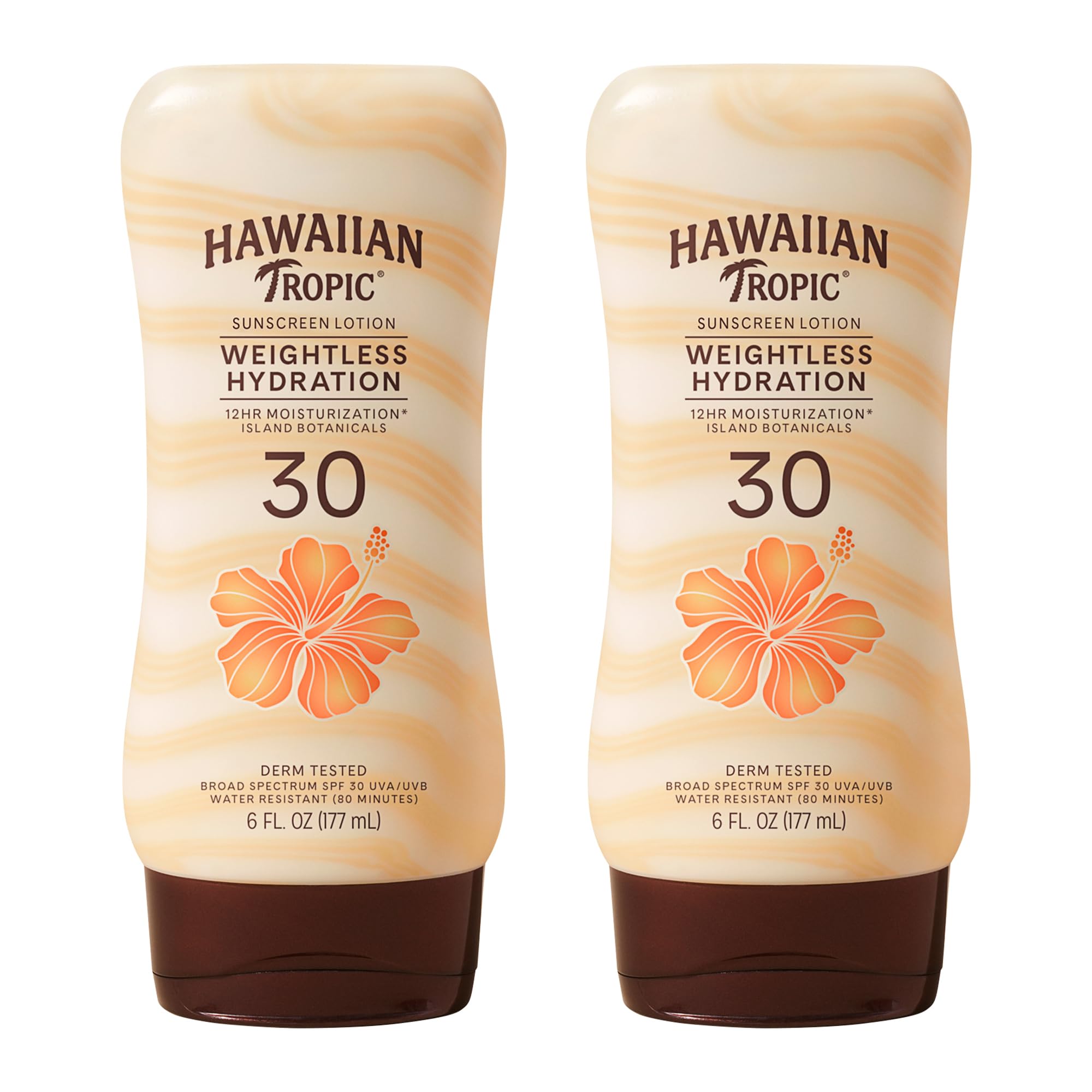 Hawaiian Tropic front packaging showing weightless hydration SPF 30 benefits
