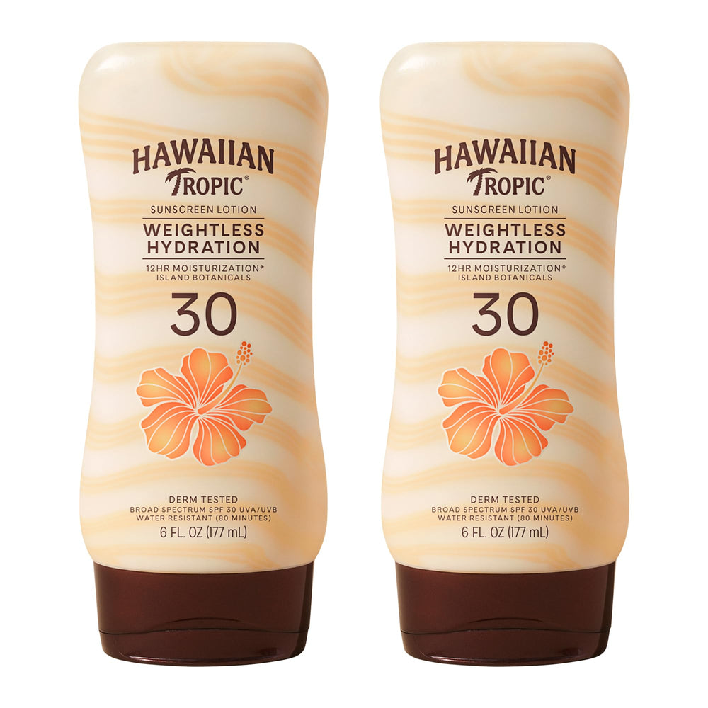 Hawaiian Tropic front packaging showing weightless hydration SPF 30 benefits