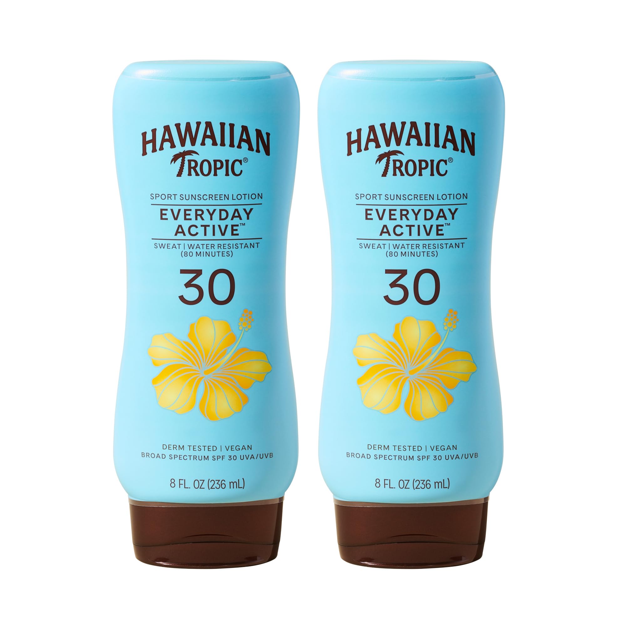 Hawaiian Tropic front packaging showing SPF 30 two-pack and benefits