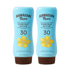 Hawaiian Tropic front packaging showing SPF 30 two-pack and benefits