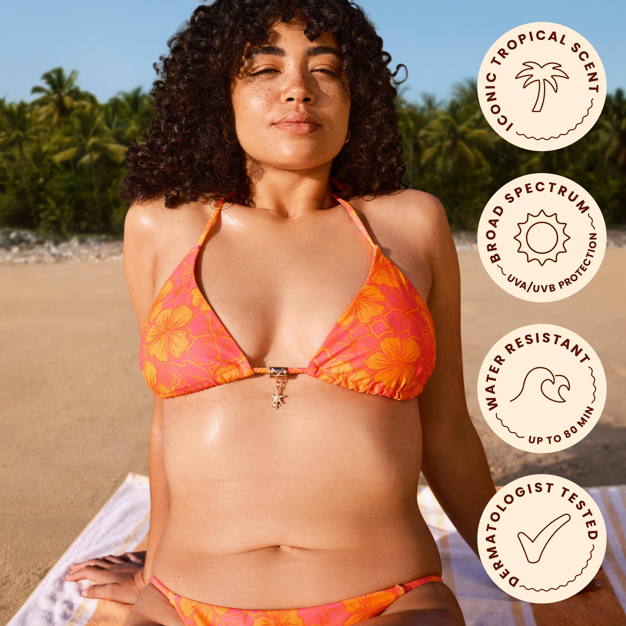 Hawaiian Tropic sunscreen on beach scene illustrating outdoor protection benefit