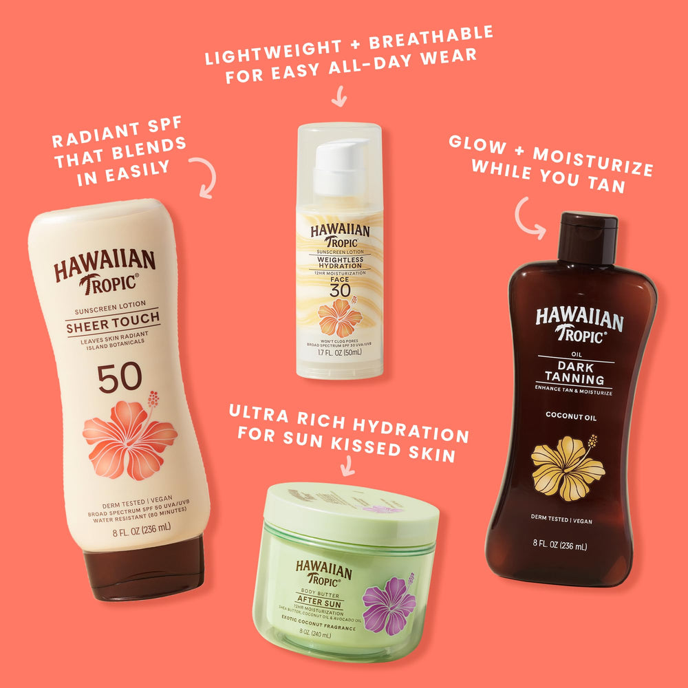 Hawaiian Tropic bottle on beach towel conveying tropical scent benefit