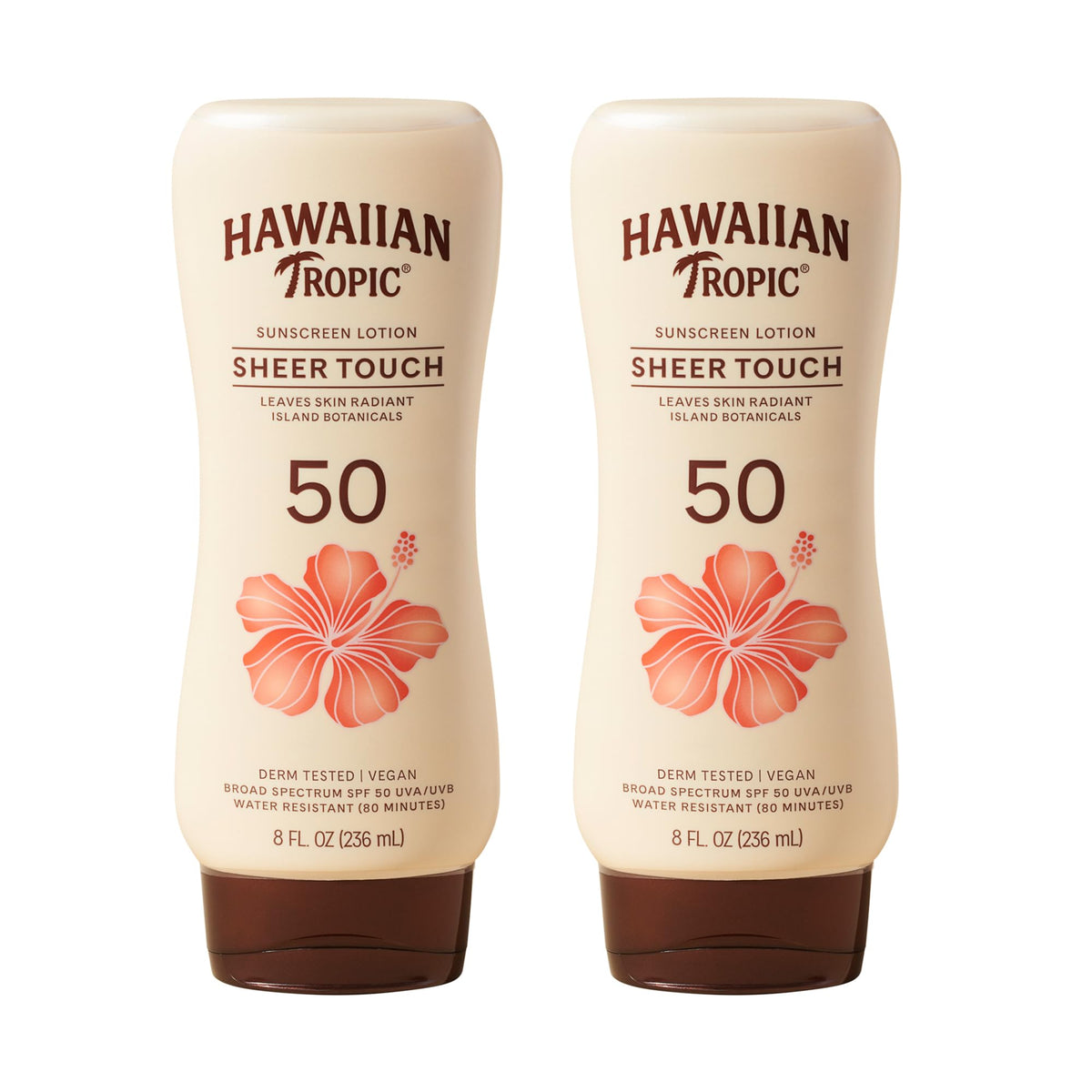Hawaiian Tropic front packaging showing SPF 50 and radiant finish