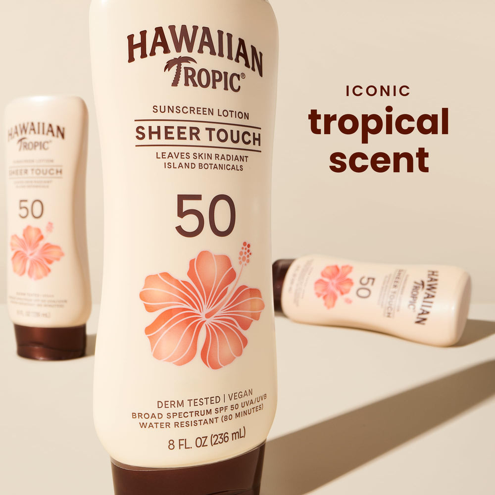 Hawaiian Tropic lotion texture close-up showing lightweight absorption