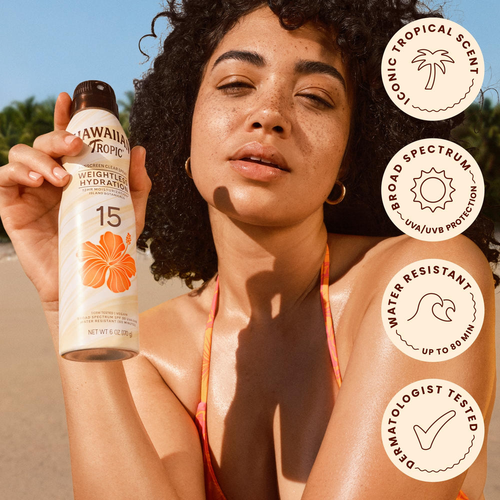 Hawaiian Tropic can in hand for scale highlighting travel-friendly 6 oz size