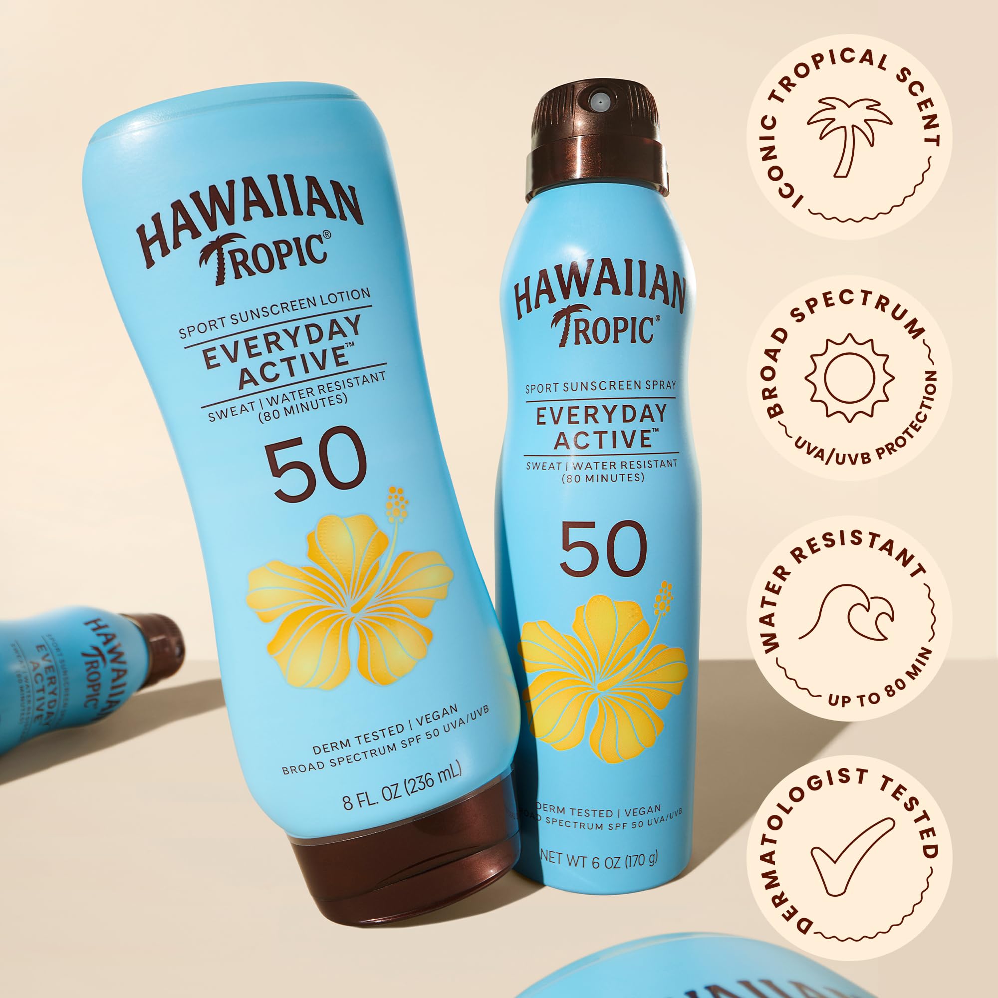 Hawaiian Tropic next to a hand to show 6 oz size and portability