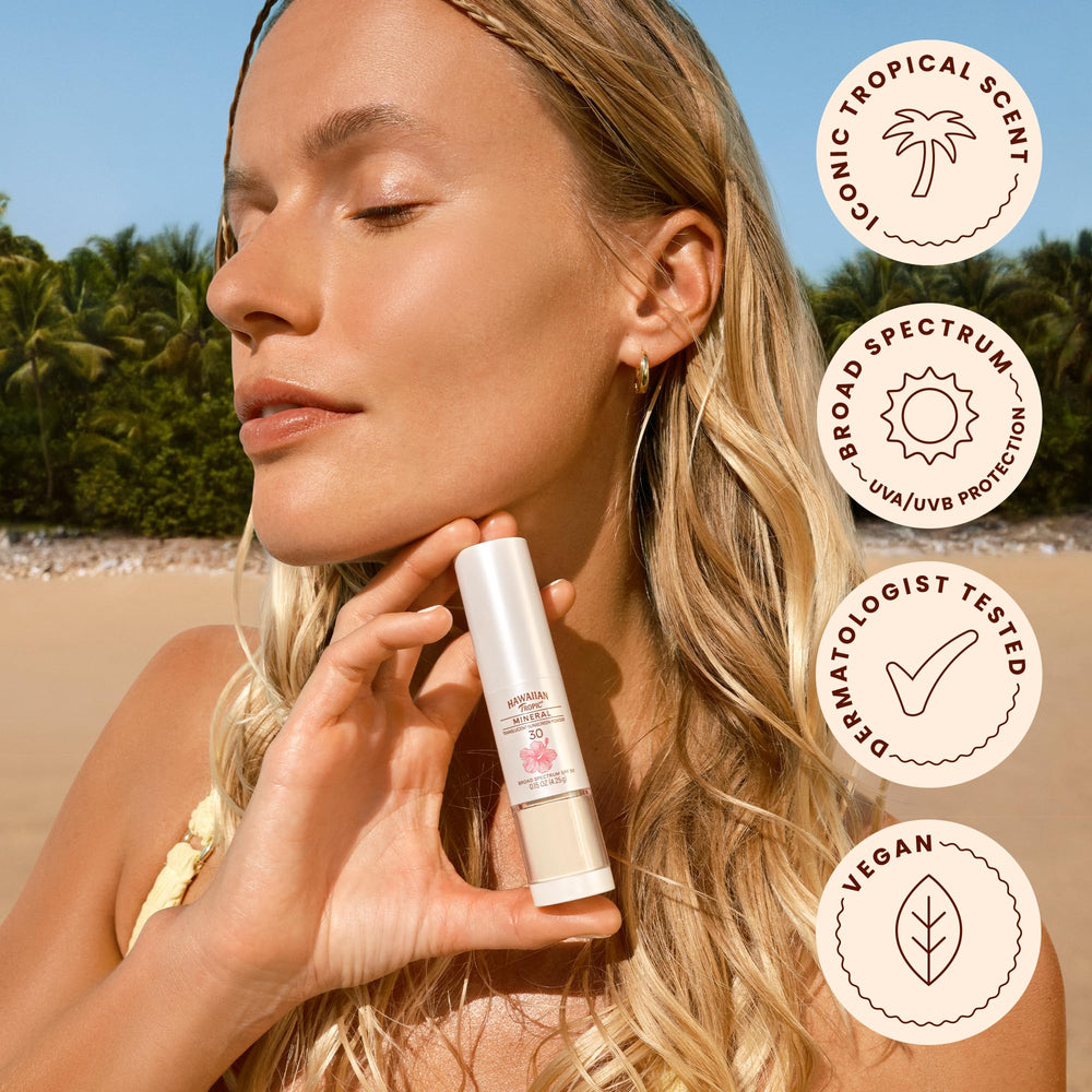 Hawaiian Tropic brush beside travel pouch highlighting pocket-friendly portability