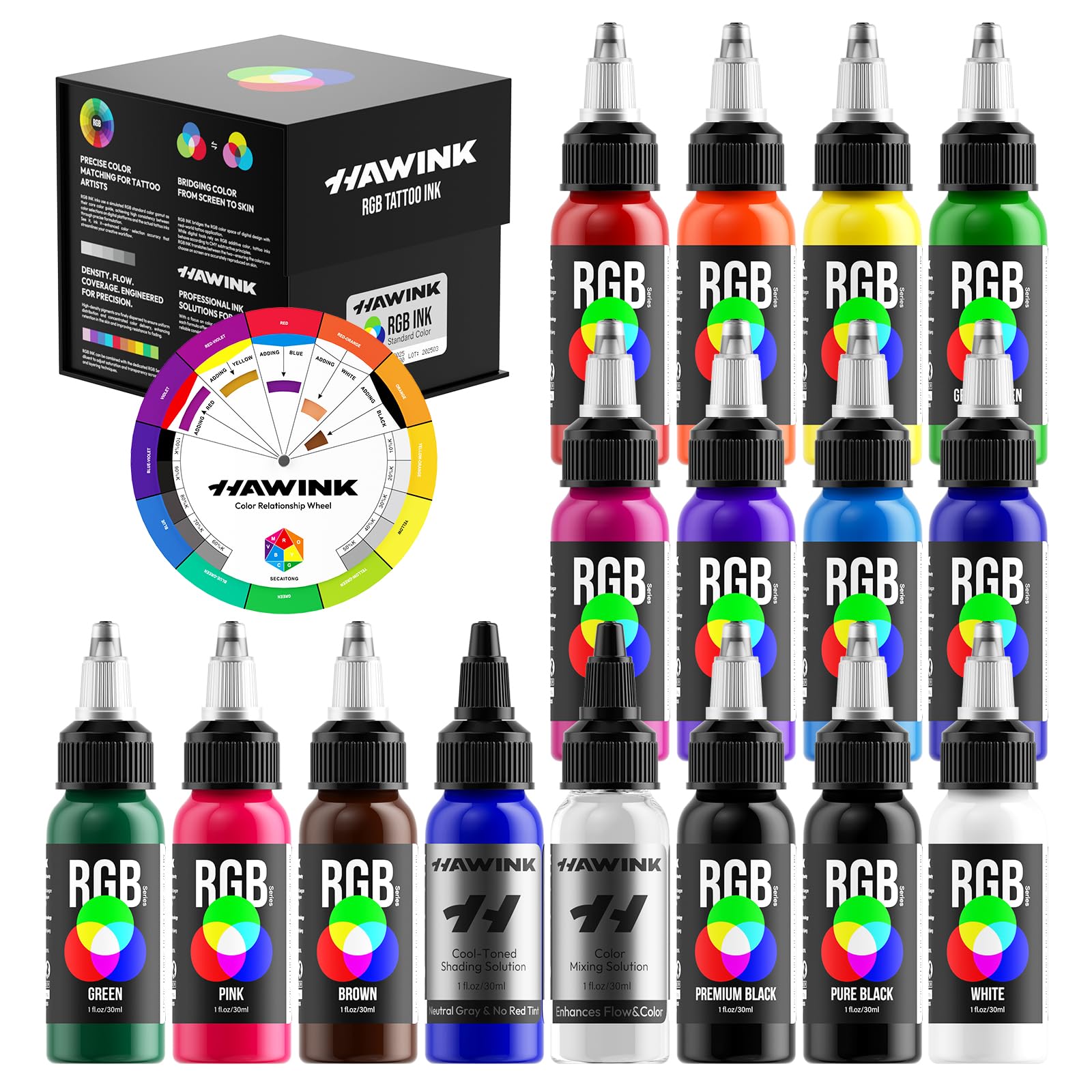 HAWINK front view of 14-color ink set showing compact professional kit benefit