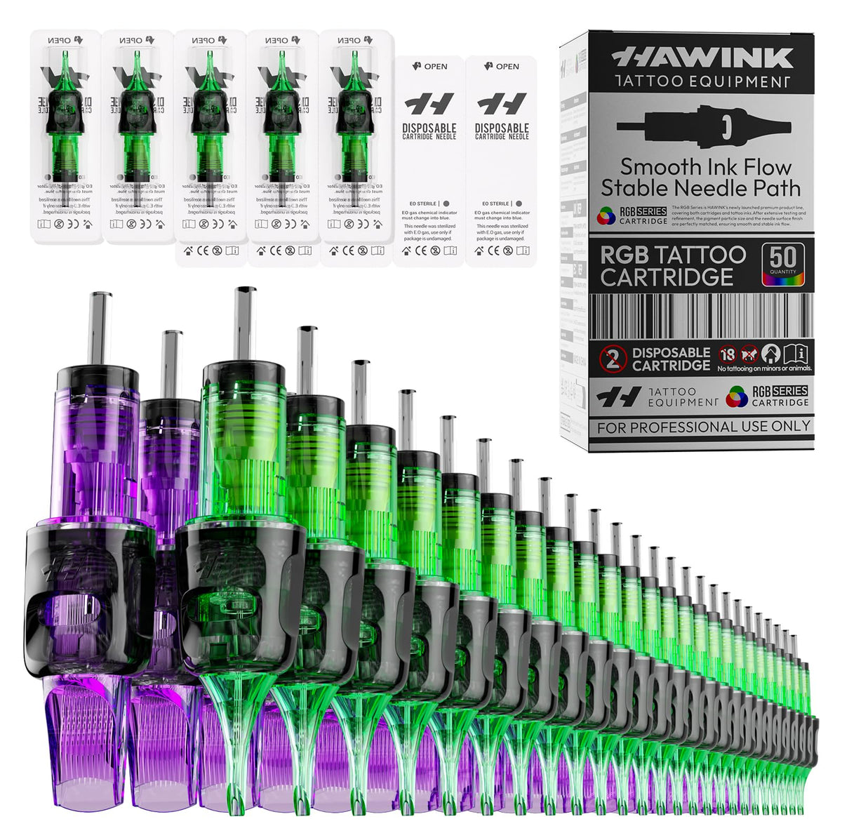 HAWINK front packaging box showing 50PCS mixed cartridges and quick benefit