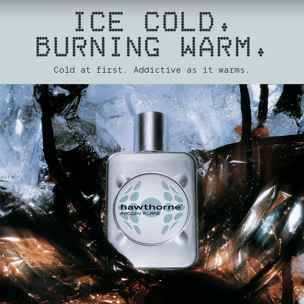 Hawthorne side label detail highlighting fragrance name and parfum concentration benefit