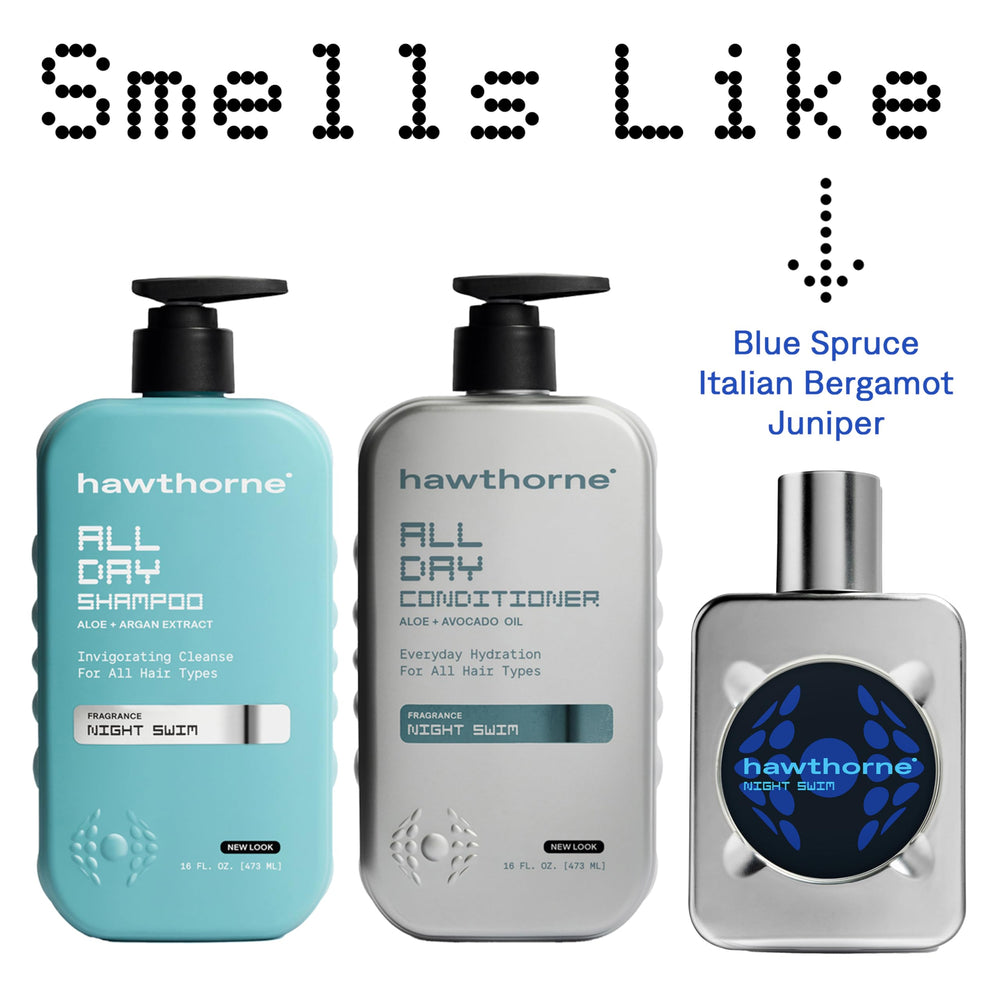 Hawthorne in-shower lifestyle shot showing how set freshens and scents hair