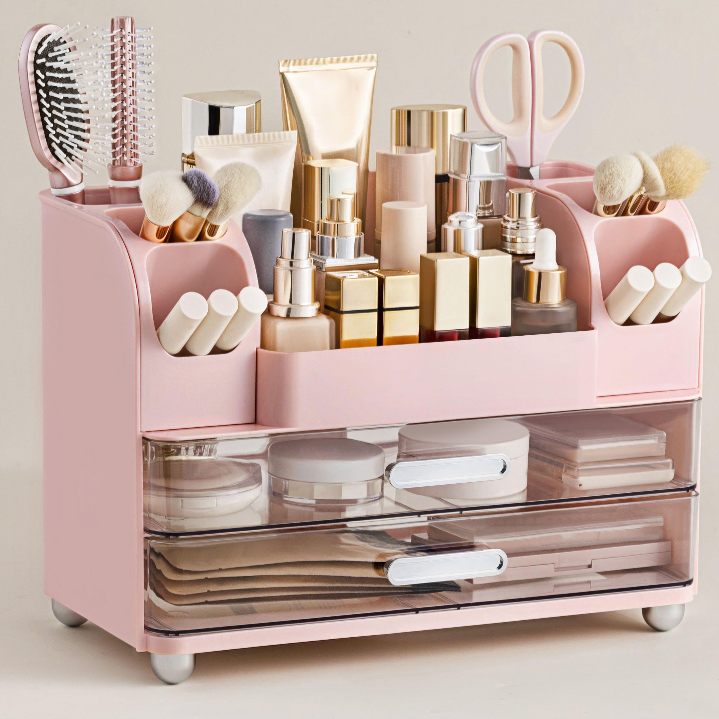 HBlife front view pink organizer showing tidy cosmetics and easy access