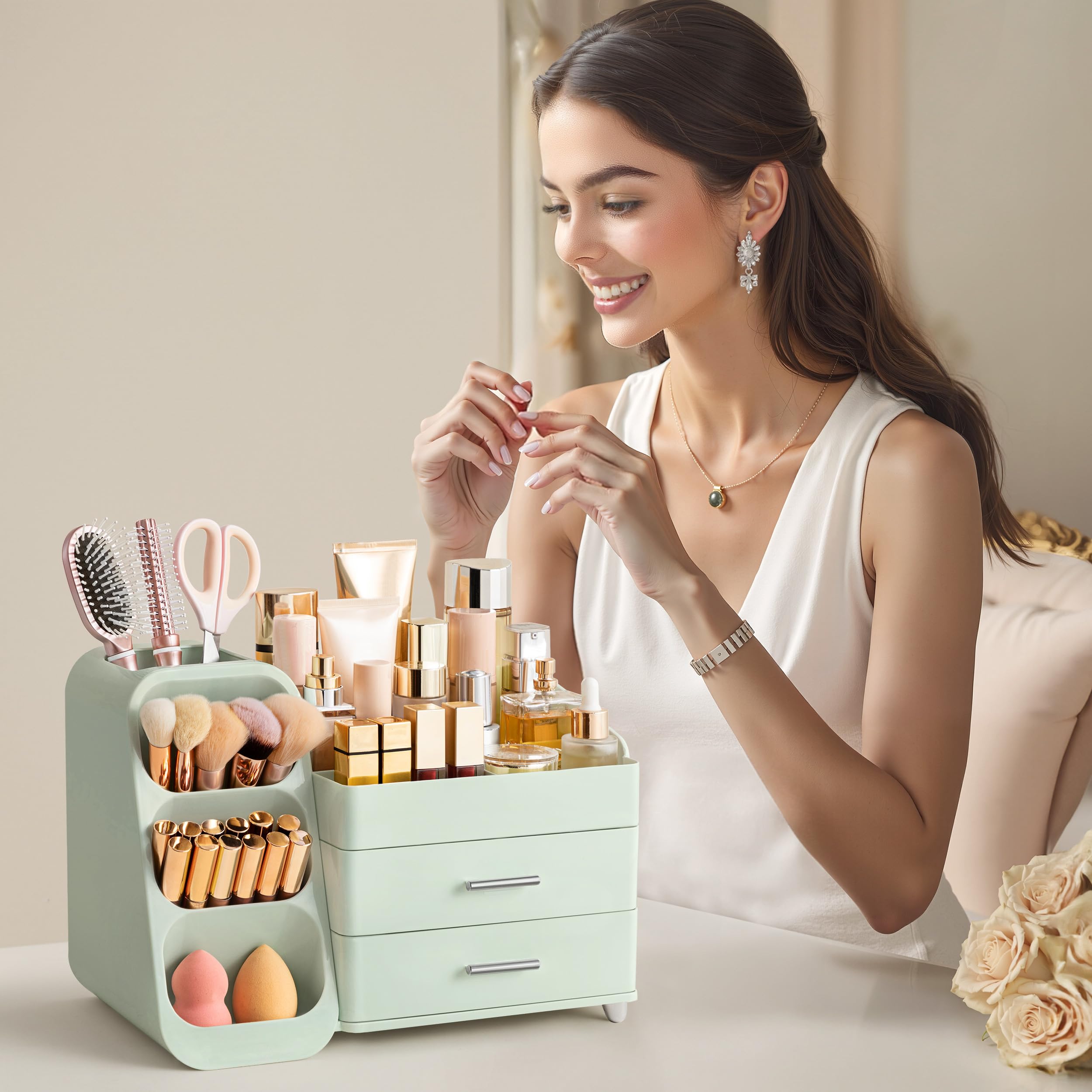 HBlife on a bathroom vanity organizing skincare and perfume for tidy counters