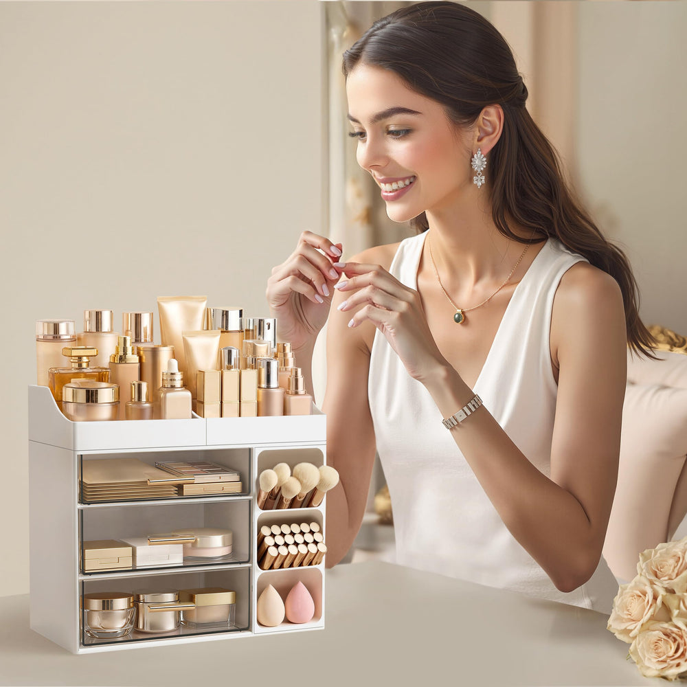 HBlife on vanity with skincare and cosmetics for tidy daily routine