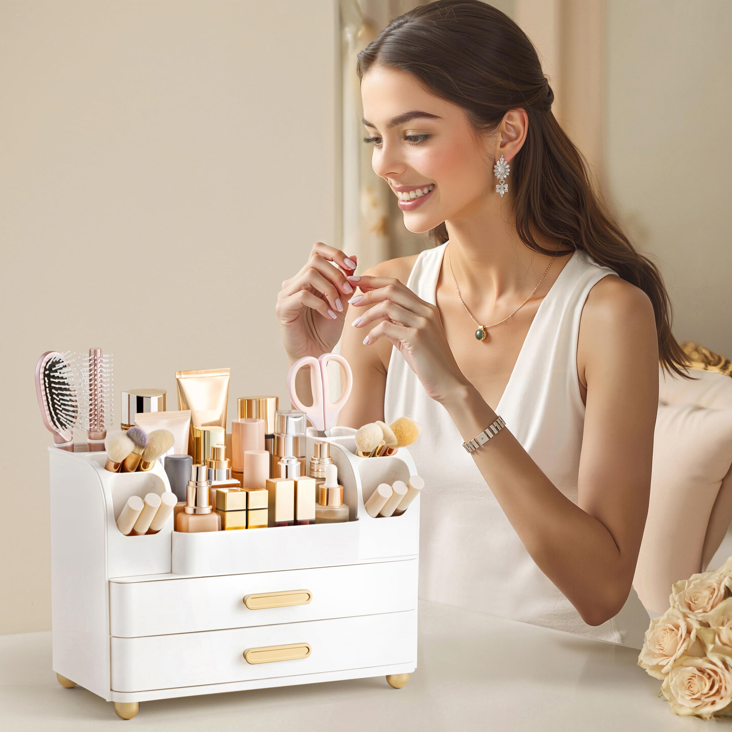 HBlife on a styled vanity displaying neat storage and a clutter-free surface