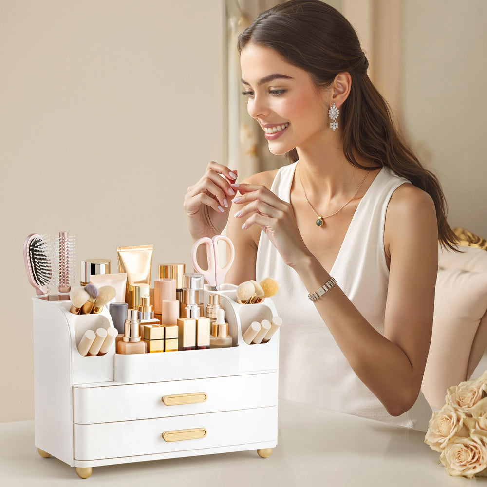 HBlife on a styled vanity displaying neat storage and a clutter-free surface