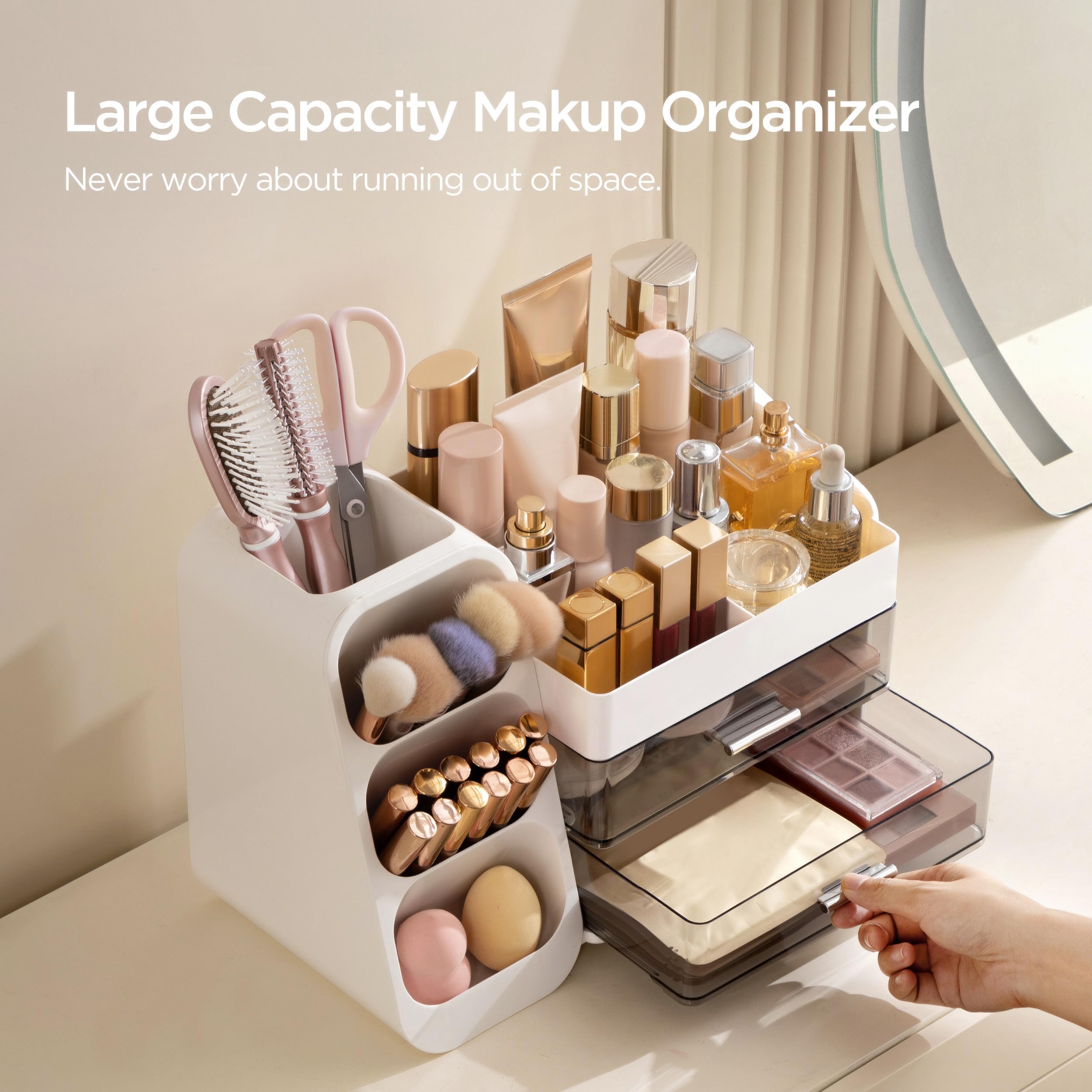 HBlife organizer drawers open revealing stored palettes and jewelry benefit