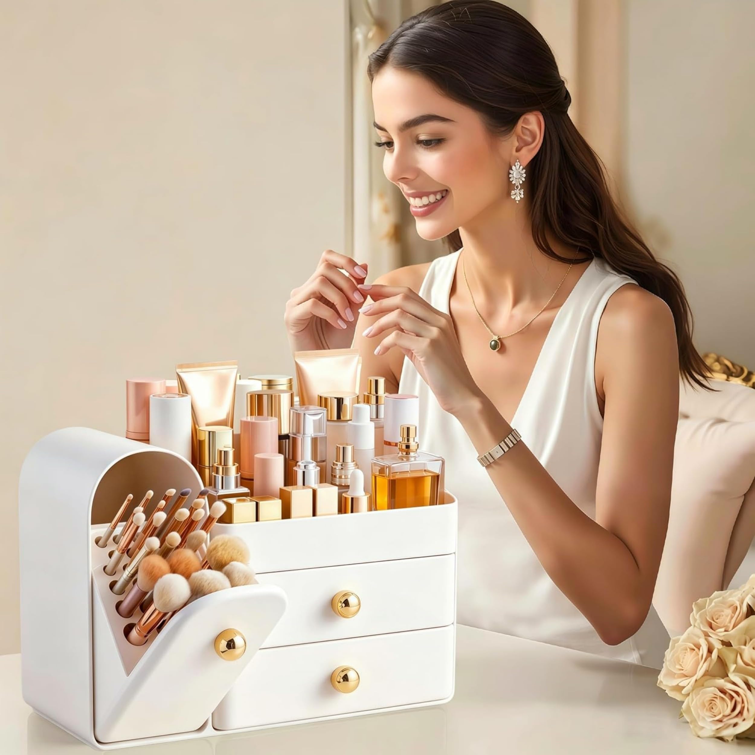 HBlife on bathroom vanity demonstrating tidy countertop and style benefit