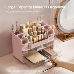 HBlife top compartment closeup holding palettes and skincare for quick reach