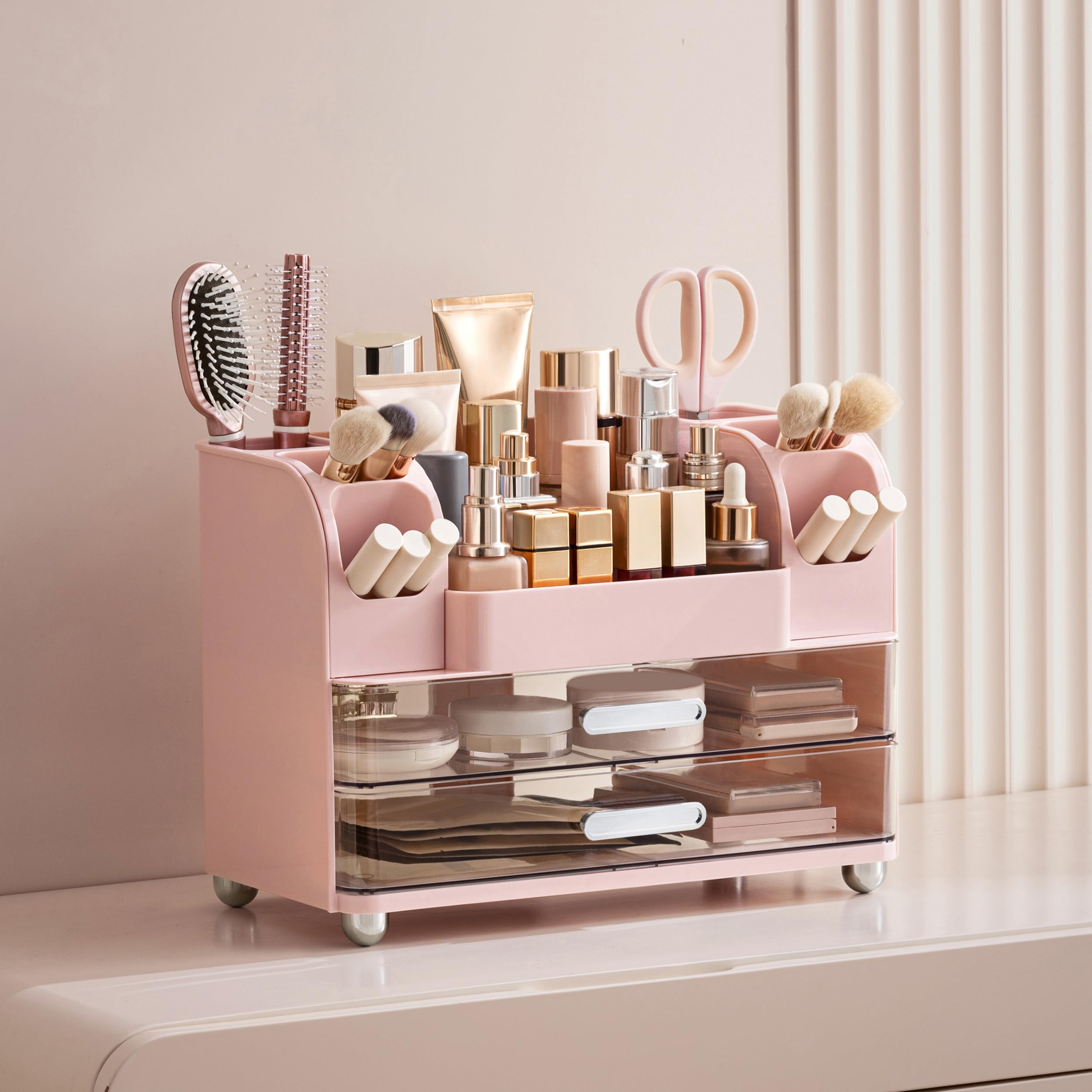 HBlife vanity lifestyle with products demonstrating organized bathroom counter