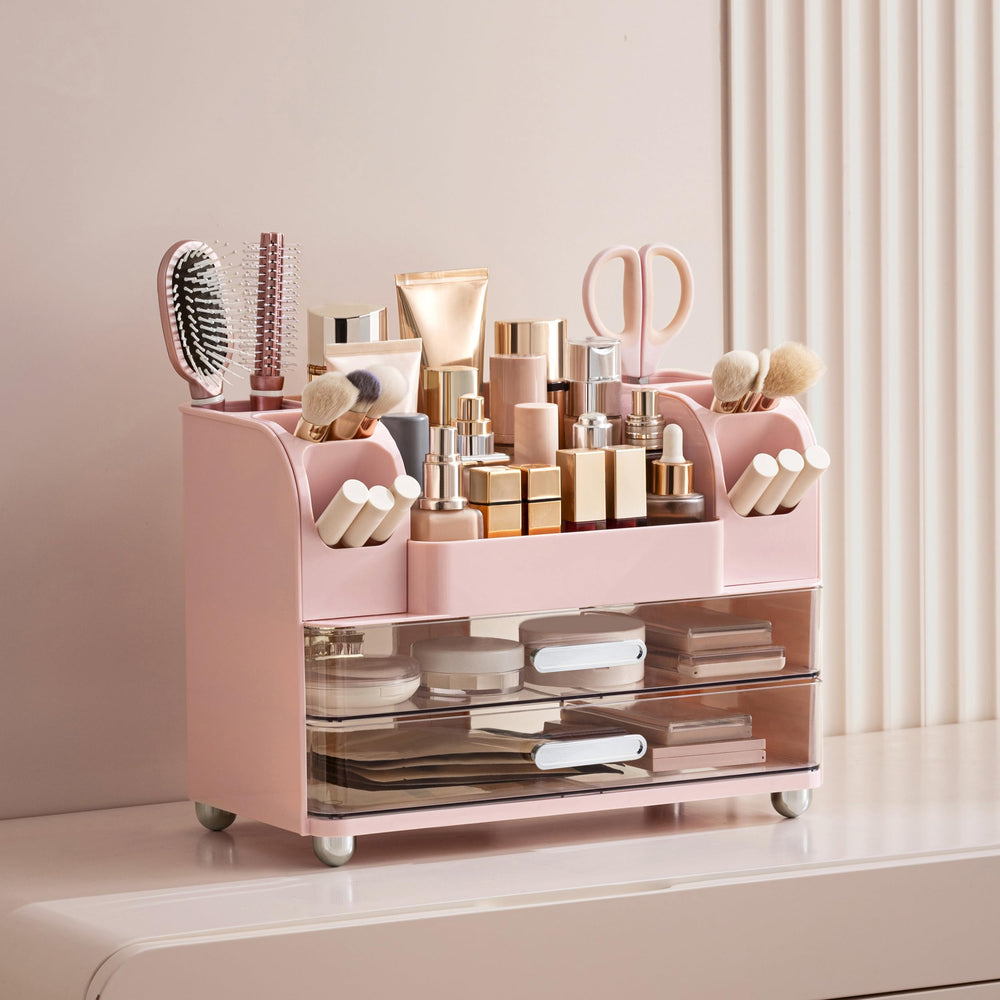 HBlife vanity lifestyle with products demonstrating organized bathroom counter