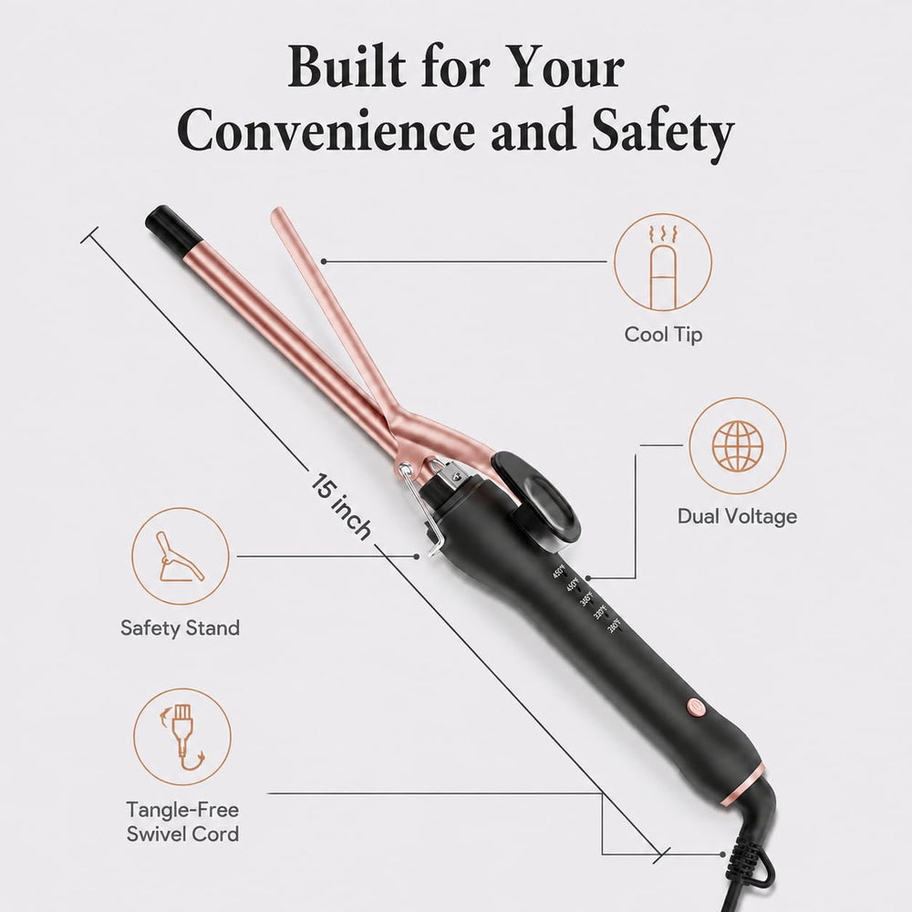 HCAH curling iron with plug showing dual-voltage marking for worldwide travel