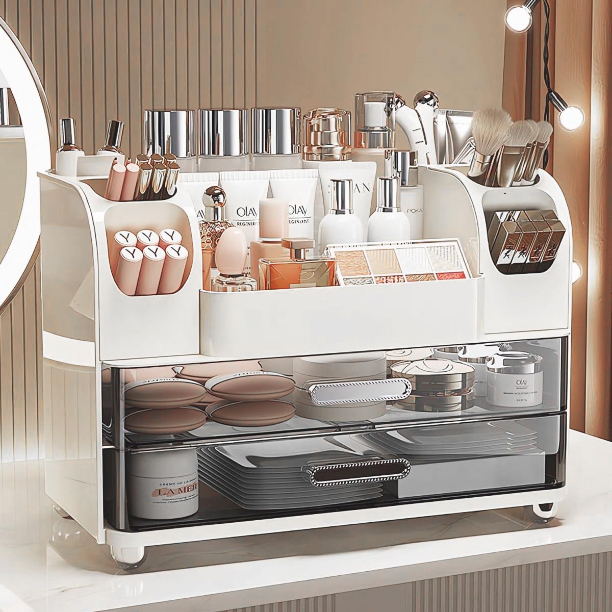 Heaime front view of organizer shows tidy cosmetics and quick access